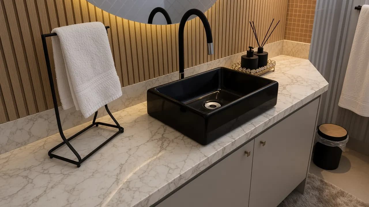 Bancada de mármore em banheiro residencial moderno