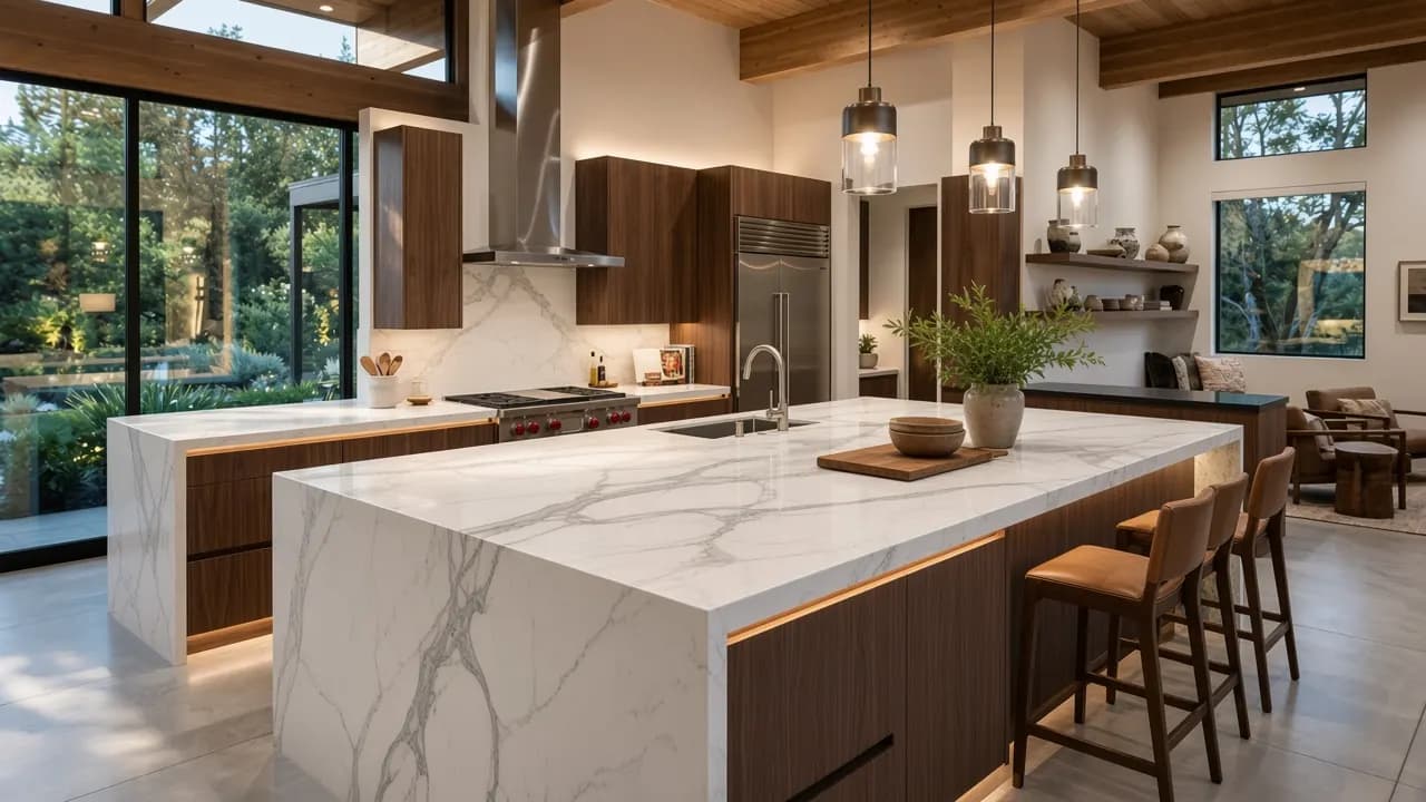 Bancada de mármore personalizada instalada em projeto residencial
