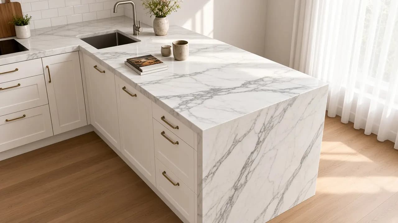 Bancada de mármore sob medida em cozinha planejada
