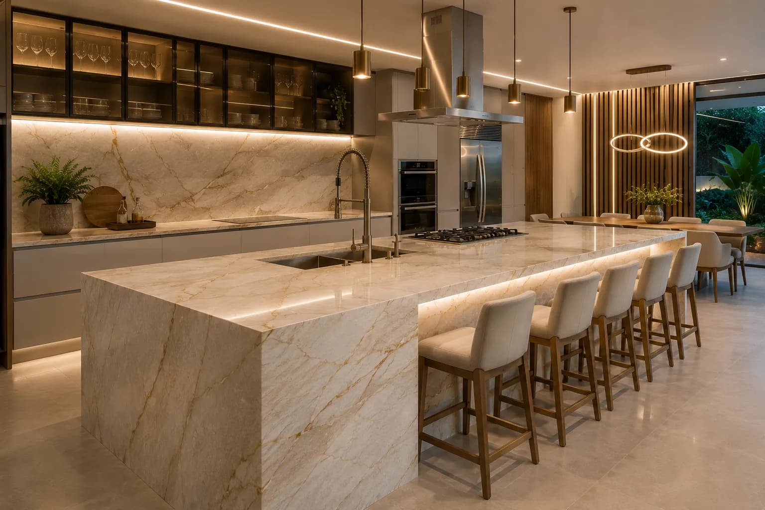Bancada de cozinha em quartzito polido com veios naturais e iluminação LED, acabamento de luxo da MarmoNorte