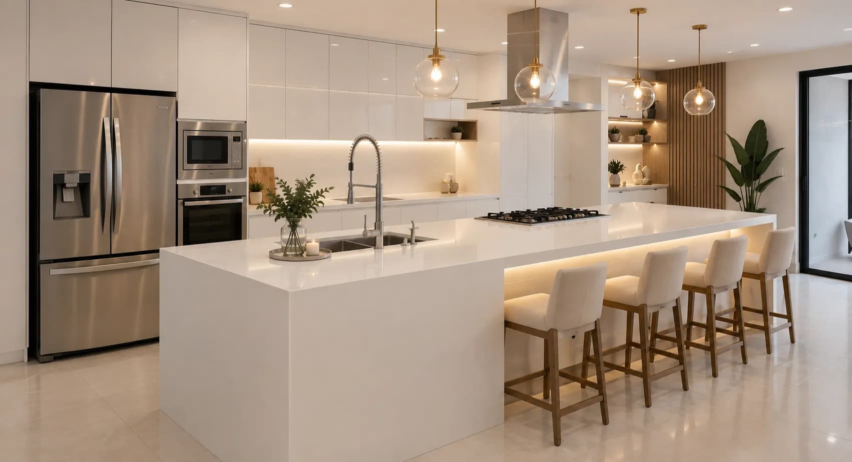 Cozinha contemporânea com ilha em quartzo branco, borda cascata, cooktop e banquetas, projeto MarmoNorte em Santa Maria